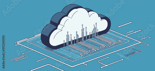 Cloud computing concept with data storage and processing illustrated on a digital background