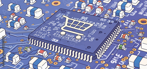 Circuit board with shopping cart symbol connecting technology and retail in a modern setting