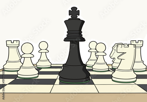 Chess game in progress with black king and white pieces on a board