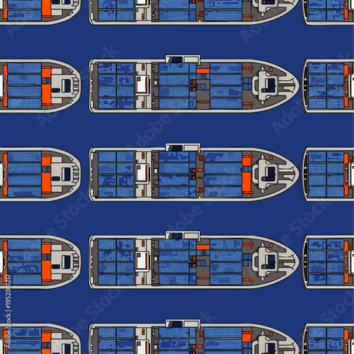 Seamless pattern of cargo ships loaded with containers on a blue ocean background, top view, illustration