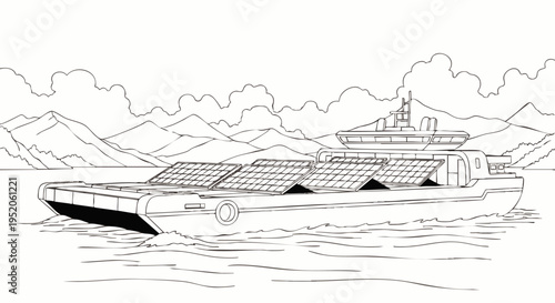 Modern solar-powered barge with photovoltaic panels on deck, sailing on water with mountains in background, line art illustration