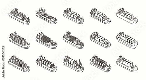 Collection of various container ships sailing on the sea, isolated on white background, isometric view