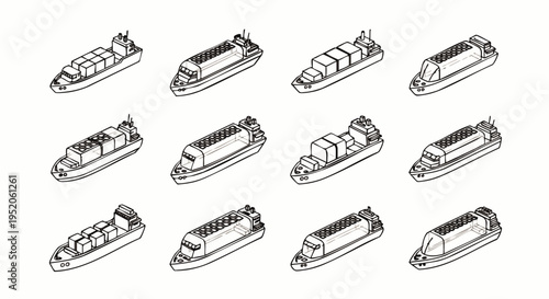 Collection of isometric cargo ships and container vessels, illustrating global logistics and maritime transport in a clean, line-art style.