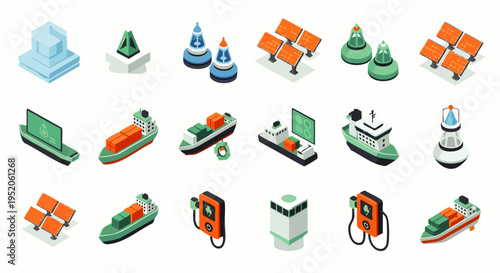 Isometric vector icons for maritime transport, global shipping logistics, port infrastructure, and renewable energy. Modern flat design.