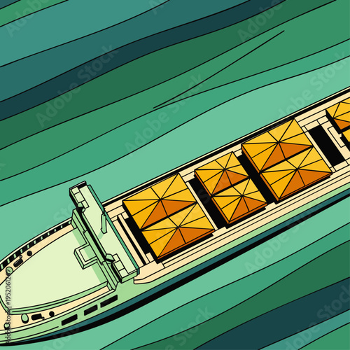 Aerial view of a large cargo ship carrying containers across a wavy ocean, illustrating global trade and logistics