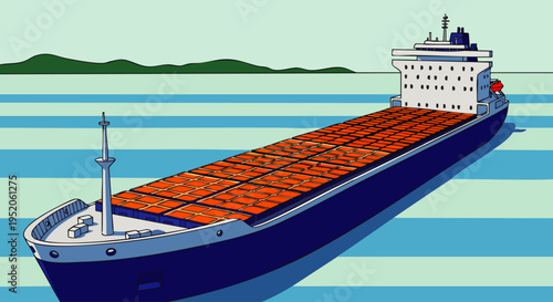 Cargo ship sailing on the ocean, carrying containers, global trade and logistics concept, illustration