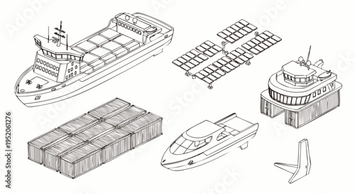 Set of various marine vessels and floating structures, including a cargo ship, ferry, barge, and solar panel array, depicted in a sketch style.