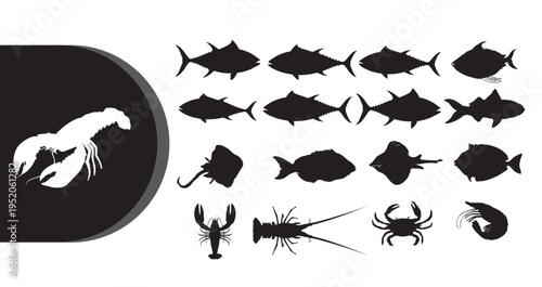 A collection of various seafood silhouettes including fish, shrimp, and crustaceans on a white background