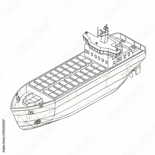 Wireframe illustration of a container ship, a large cargo vessel designed for transporting goods in standardized containers across the sea