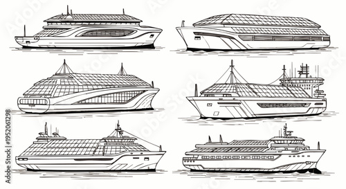Collection of Futuristic Ferry Boat Designs with Glass Enclosures, Hand-Drawn Sketch Style