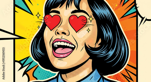 A retro pop art illustration of a woman expressing love with heart-shaped eyes, joyful expression
