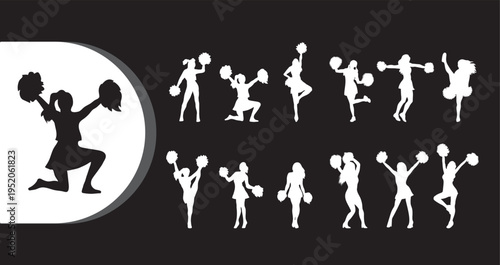 A collection of cheerleader silhouettes in various poses on a black background