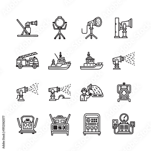 Fire Fighting Equipment and Lighting Icons Set