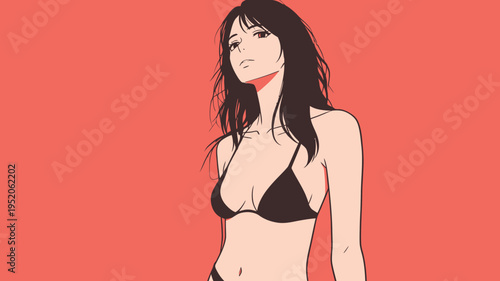 Woman standing confidently in a bikini against a red background during summer season
