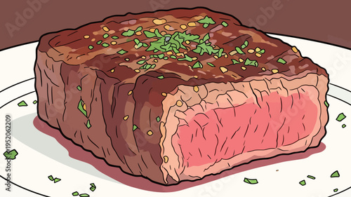 Seared steak with herbs served on a white plate at a dining table during dinner time