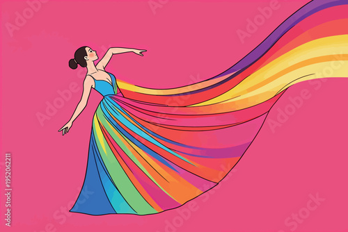 Woman in colorful dress dancing on a bright pink background during a celebration in a lively setting