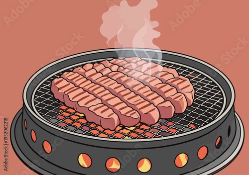 Grilling meat on a barbecue with smoke rising and char marks visible on the surface of the food