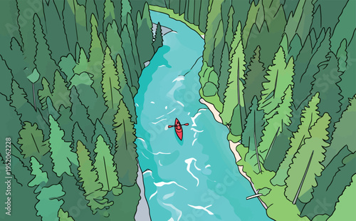 Kayaker paddles along a winding river surrounded by trees on a sunny day