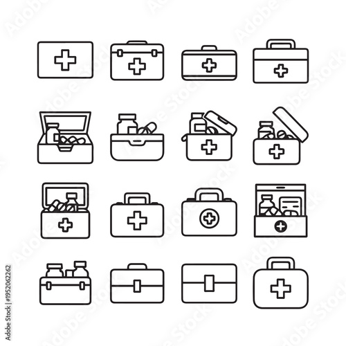 First Aid Kit Icons SetMedical Supplies and Cases in Outline Style