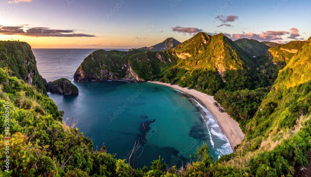 Naklejka premium Stunning Coastal Landscape - Lush Green Hills Surrounding a Tranquil Bay at Sunset.