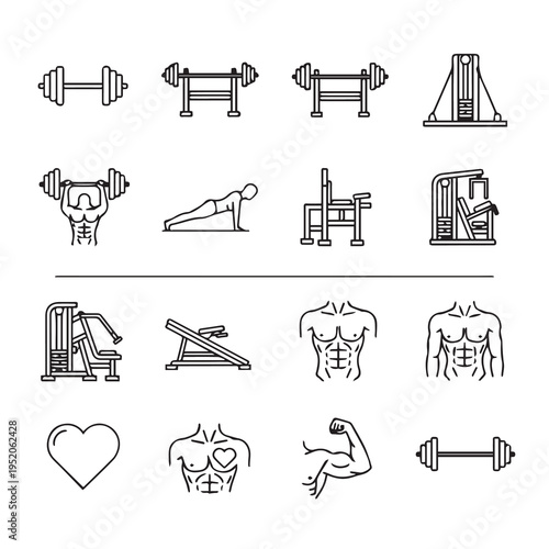 Fitness Equipment and Body Icons Set Workout Symbols Gym Machines Strength Training Healthy Lifestyle