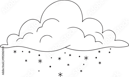 A black and white drawing of a cloudy sky with snowflakes