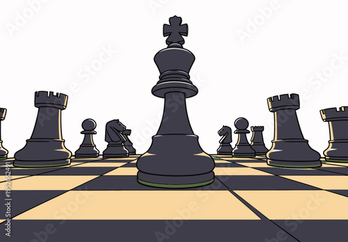 Chess pieces arranged on a board, showing the king in focus and other pieces surrounding it during a match