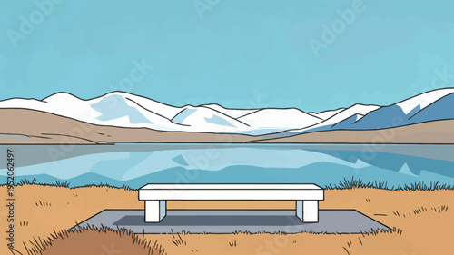 Landscape with a bench by a lake surrounded by mountains on a sunny day, inviting nature view for relaxation or contemplation