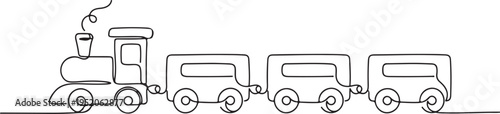 Continuous single line drawing of a toy train with a locomotive and three wagons, minimalist steam engine and carriages vector illustration.