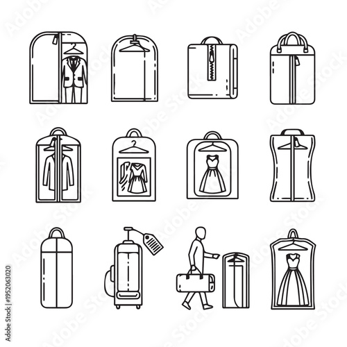 Garment Bags Icons Set: Suits Dresses Luggage Travel Dry Cleaning Fashion Protection