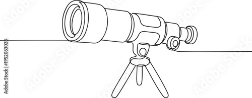 Continuous line drawing of a telescope on a tripod, minimalist astronomy and science observation equipment vector illustration