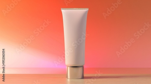 Minimalist white cosmetic tube with golden cap on a wooden surface with soft orange and pink gradient background and dramatic lighting.