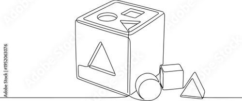 One line drawing of baby shape sorter cube toy with geometric blocks and shapes for early childhood education and development