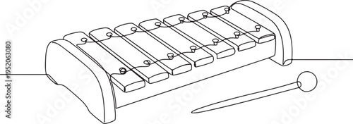 Continuous One Line Drawing of Xylophone Musical Instrument with Mallet, Minimalist Glockenspiel Sketch for Music Concept.