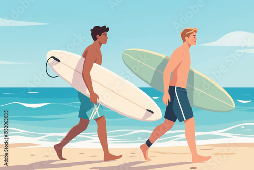 Illustration Of Two Young Men Walking On The Beach While Carrying Surfboards Vector Design Template