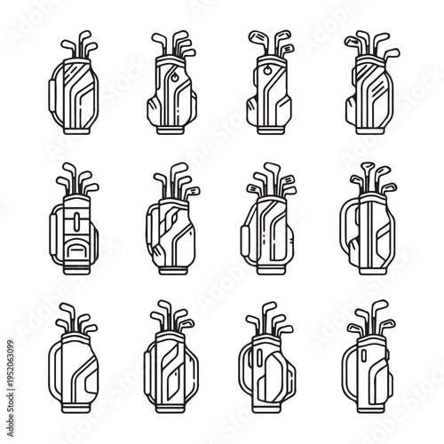 Golf Bag Collection Assortment Icons Set Vector Sporting Equipment Line Art