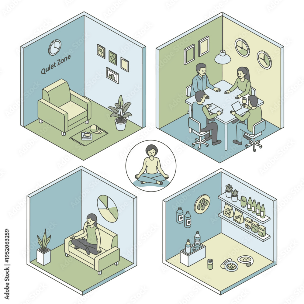 Obraz premium Isometric illustration depicting various zones within an office space designed for employee well-being and productivity, including a quiet zone, meeting room, meditation area, and a wellness station.