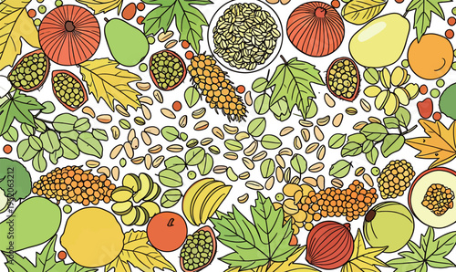Fruit and leaves are arranged in a colorful pattern on a white background during a sunny season in a kitchen setting