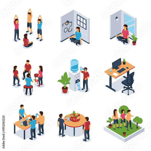 Isometric illustrations depicting various office activities, team collaboration, and relaxation spaces.