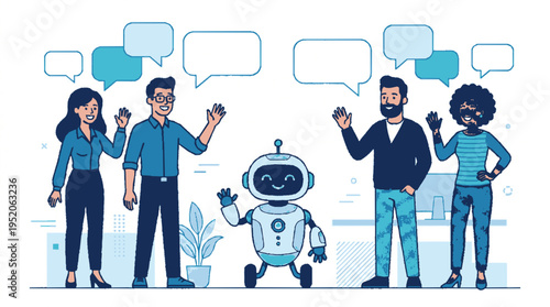 Robot coworker collaborates with diverse team in modern office setting with speech bubbles