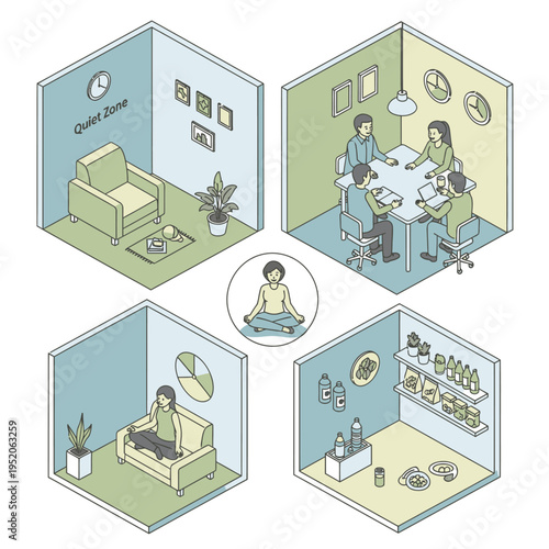 Isometric illustration depicting various zones within an office space designed for employee well-being and productivity, including a quiet zone, meeting room, meditation area, and a wellness station.