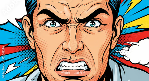 Expressive portrait of an angry person with a stylized pop-art background
