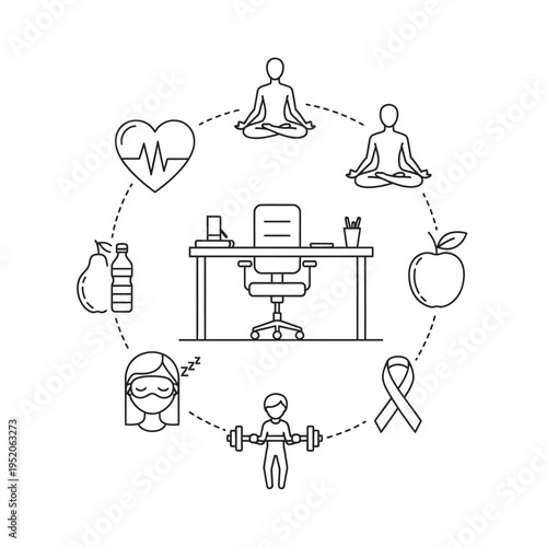Illustration of a healthy lifestyle surrounding an office desk, promoting well-being at work.