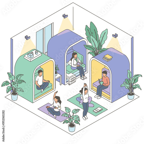 Isometric illustration of a modern co-living space with private pods for work, relaxation, and sleep, featuring plants and natural light.
