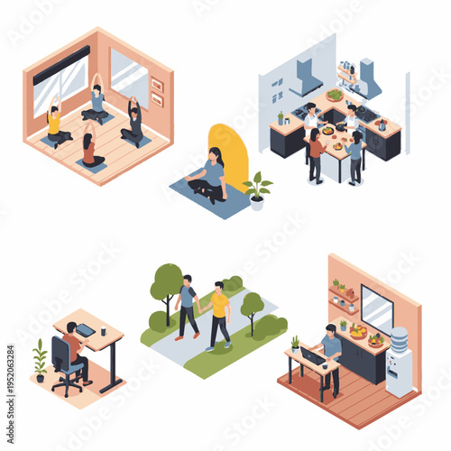 Isometric illustrations depicting various lifestyle activities including yoga, cooking, working, and outdoor recreation.