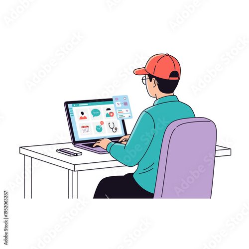 A young person wearing a red cap and glasses sits at a desk, using a laptop with a medical interface displayed on the screen.