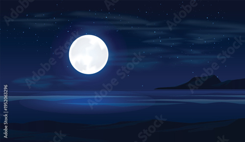 Full moon over a calm ocean at night with starry sky and distant mountains. Peaceful moonlight reflecting on sea water. Vector illustration of a serene midnight seascape background..