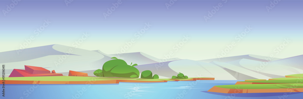Fototapeta premium Cartoon Nature Landscape with River, Green Banks, Rocks and Rolling Sand Dunes or Hills Background Vector Illustration