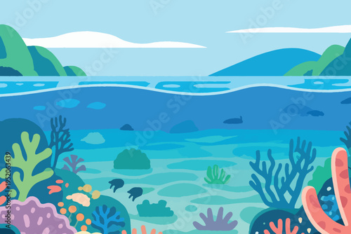 Illustration Of An Underwater Scene Featuring Beautiful Coral Reefs And Mountains Vector Design Template