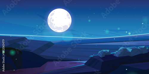Mystical Night Landscape with a Large Full Moon and Stars, Stylized Vector Illustration of a Calm Evening Scene with Glowing Lights.